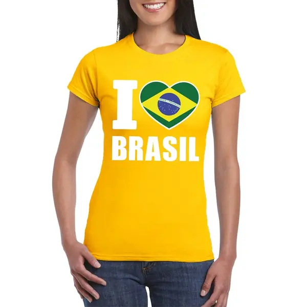 Bellatio Decorations Brazilie Supporters Kleding T-shirt - Voor Dames - Geel - Met Vlag Kleuren Print - Korte Mouwen Xs thumbnail