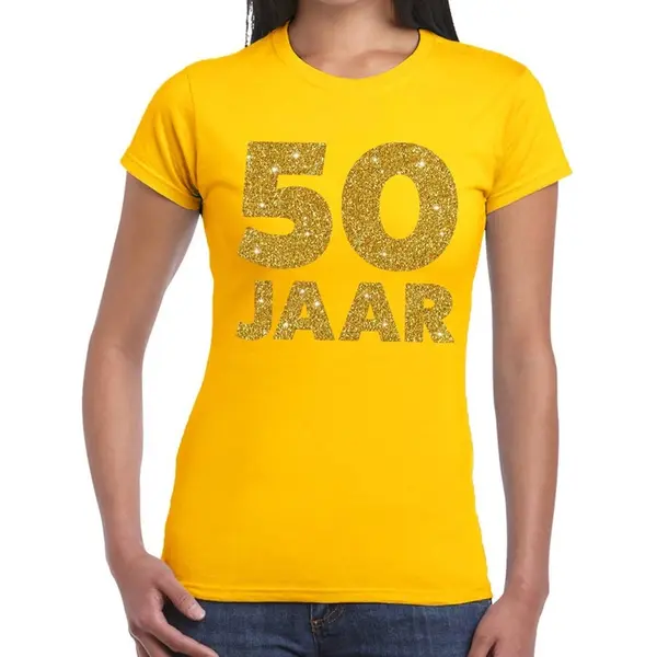 Bellatio Decorations 50 Jaar Verjaardag T-shirt - Geel - Voor Dames - Gouden Glitter Print - Jubileum S thumbnail