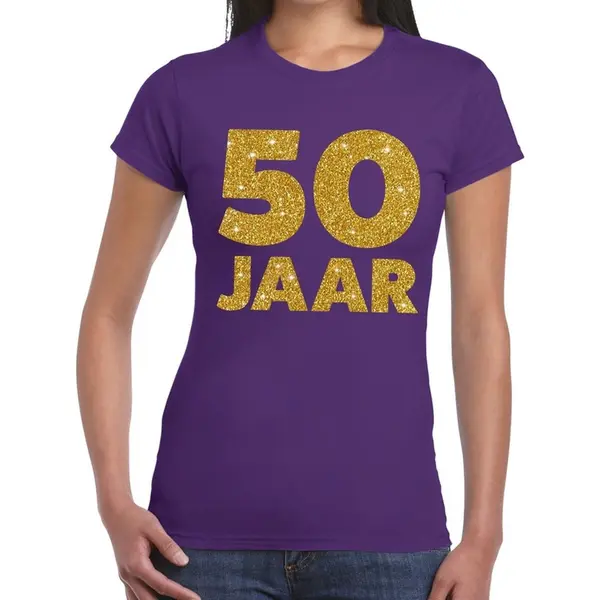 Bellatio Decorations 50 Jaar Verjaardag T-shirt - Paars - Voor Dames - Gouden Glitter Print - Jubileum Xs thumbnail