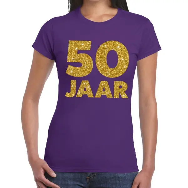 Bellatio Decorations 50 Jaar Verjaardag T-shirt - Paars - Voor Dames - Gouden Glitter Print - Jubileum L thumbnail