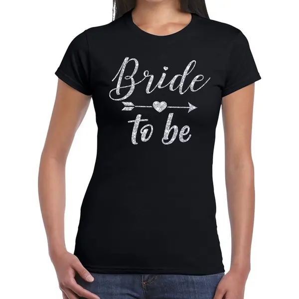 Bellatio Decorations Bride To Be Cupido Zilver Glitter Tekst T-shirt Zwart Dames - Dames Shirt Bride To Be- Vrijgezellenfeest Kleding Xs thumbnail