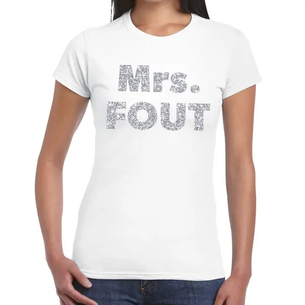 Bellatio Decorations Mrs. Fout Zilver Glitter Tekst - T-shirt - Wit - Voor Dames - Foute Party Kleding - Carnaval Verkleedkleding L thumbnail