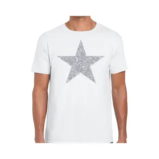 Bellatio Decorations De Ster Van De Show - Verkleed T-shirt - Wit - Met Zilveren Ster In Glitters - Heren - Glamour - Disco Xxl