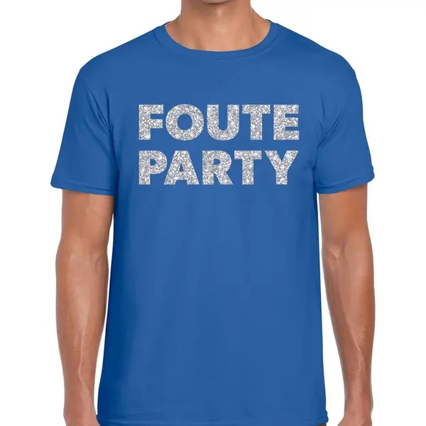 Bellatio Decorations Foute Party Tekst T-shirt - Blauw - Voor Heren - Met Zilver Glitters Print Bedrukking - Feestkleding M thumbnail