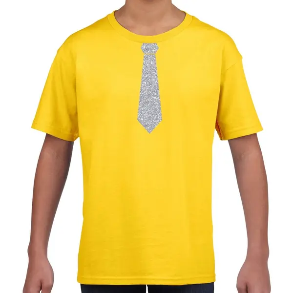 Bellatio Decorations Verkleedkleding T-shirt - Geel - Met Kleine Stropdas - Zilveren Glitters - Voor Kinderen - Carnaval 134/140 thumbnail
