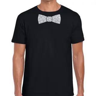 Bellatio Decorations Zwart Fun T-shirt Met Vlinderdas In Glitter Zilver Heren - Shirt Met Strikje S