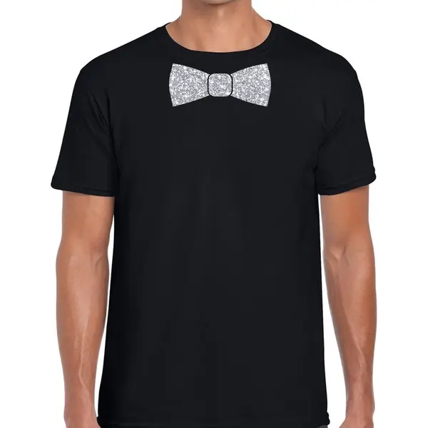 Bellatio Decorations Zwart Fun T-shirt Met Vlinderdas In Glitter Zilver Heren - Shirt Met Strikje S thumbnail