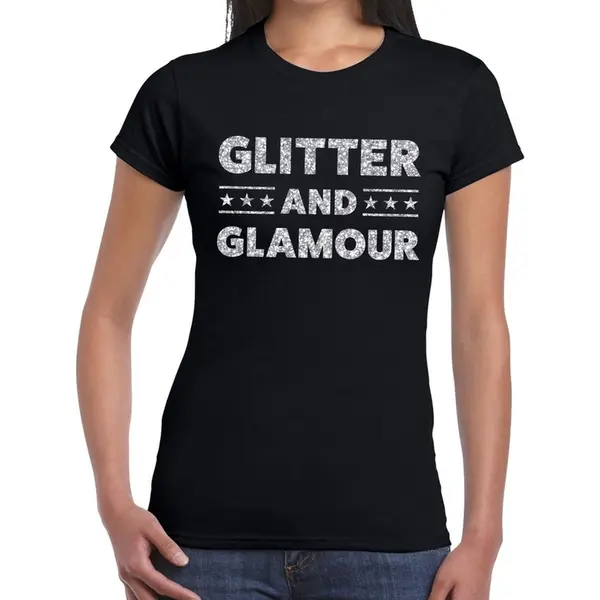 Bellatio Decorations Glitter And Glamour Feestkleding T-shirt - Zwart - Zilver Glitters Letters - Voor Dames - Kleding Xxl thumbnail