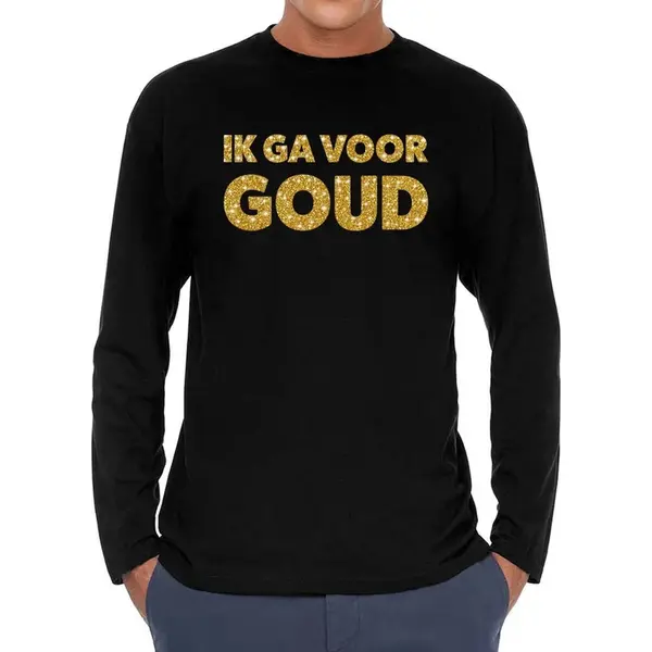 Bellatio Decorations Ik Ga Voor Goud Tekst T- Shirt - Zwart - Heren - Lange Mouwen - Gouden Glitter Print - Verkleedkleding - Glitter And Glamour L thumbnail