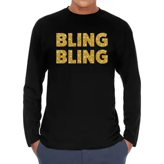 Bellatio Decorations Bling Bling Goud Glitter Long Sleeve T- Shirt Zwart Heren - Zwart Bling Goud Glitter Shirt Met Lange Mouwen Xxl