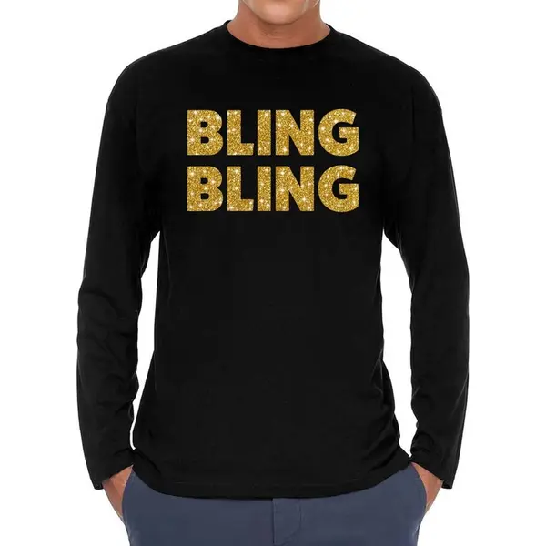 Bellatio Decorations Bling Bling Goud Glitter Long Sleeve T- Shirt Zwart Heren - Zwart Bling Goud Glitter Shirt Met Lange Mouwen Xxl thumbnail