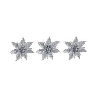 Cosy&Trendy 3x Kerstboomversiering Op Clip Zilveren Glitter Bloem 15 Cm - Kerstboom Decoratie - Zilveren Kerstversieringen