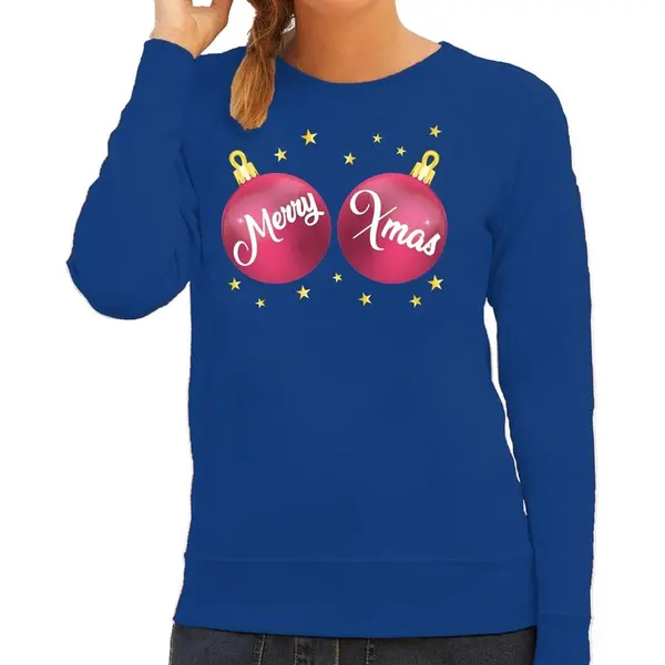 Bellatio Decorations Foute Kersttrui Sweater - Voor Dames - Blauw - Met Roze Merry Xmas Ballen - Kerstkleding - Lange Mouwen Xs thumbnail