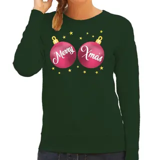 Bellatio Decorations Foute Kersttrui Sweater - Voor Dames - Groen - Met Roze Merry Xmas Ballen - Kerstkleding - Lange Mouwen L