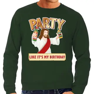 Bellatio Decorations Foute Kersttrui - Sweater - Party Jezus - Groen - Voor Heren - Kerstkleding - Kerst Outfit M