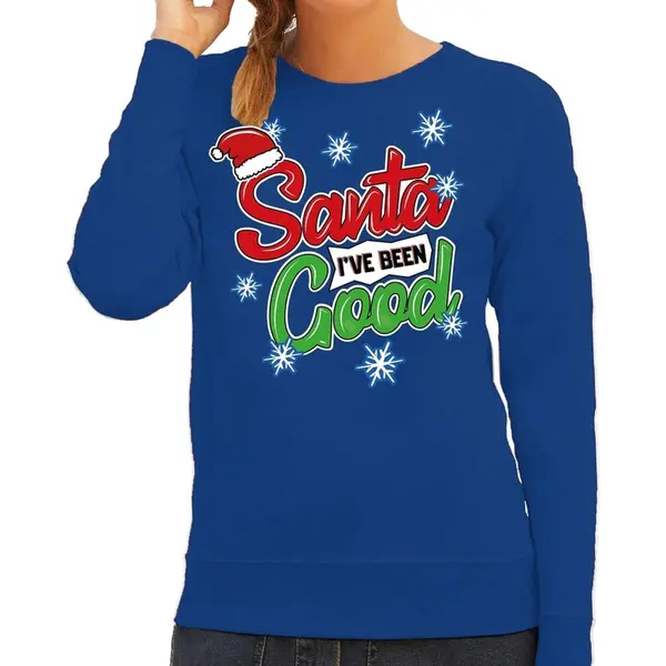 Bellatio Decorations Foute Kersttrui / Sweater Santa I Have Been Good Blauw Voor Dames - Kerstkleding / Christmas Outfit S thumbnail