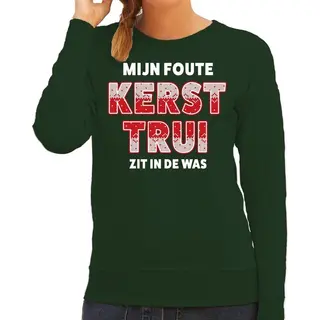 Bellatio Decorations Foute Kersttrui - Sweater - Mijn Foute Kersttrui Zit In De Was - Groen - Voor Dames - Kerstkleding / Christmas Outfit L
