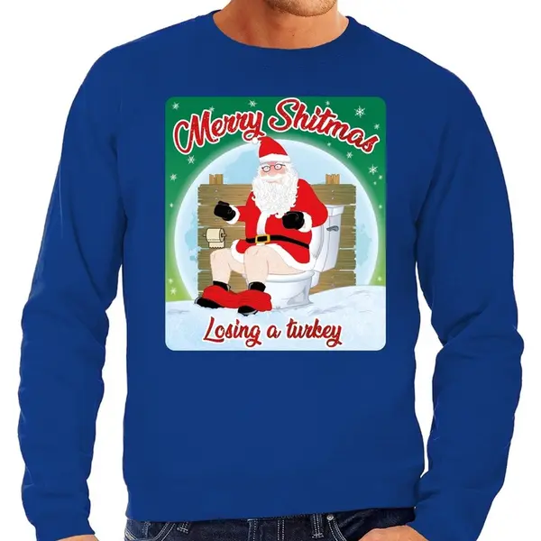 Bellatio Decorations Foute Kersttrui - Sweater - Merry Shitmas Losing A Turkey - Blauw - Voor Heren - Kerstkleding / Kerst Outfit Xxl thumbnail