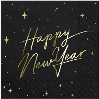 Servetten Happy New Year - 20x - Zwart/goud - 33 X 33 - Oudjaarsavond/Nieuwjaarsborrel/jaarwisseling Versieringen - Papieren Wegwerpservetten 3-laags
