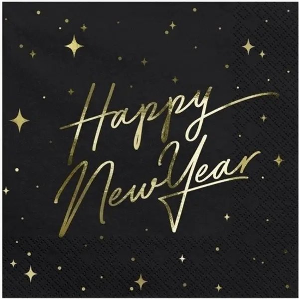 Servetten Happy New Year - 20x - Zwart/goud - 33 X 33 - Oudjaarsavond/Nieuwjaarsborrel/jaarwisseling Versieringen - Papieren Wegwerpservetten 3-laags thumbnail