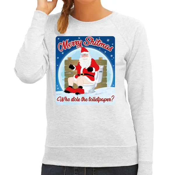 Bellatio Decorations Foute Kersttrui / Sweater - Merry Shitmas Who Stole The Toiletpaper - Grijs Voor Dames - Kerstkleding / Kerst Outfit L thumbnail