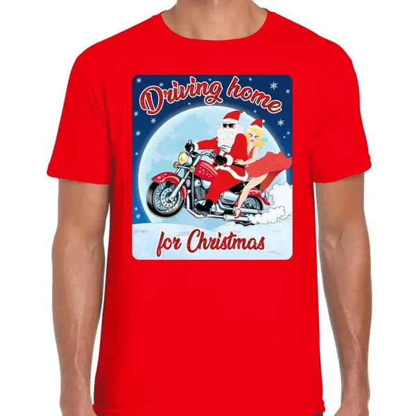 Bellatio Decorations Fout Kerstshirt / T-shirt - Driving Home For Christmas - Motorliefhebber / Motorrijder / Motor Fan Rood Voor Heren - Kerstkleding / Kerst Outfit M thumbnail