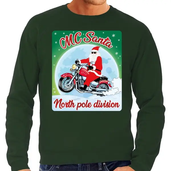 Bellatio Decorations Foute Kersttrui - Sweater - Mc Santa North Pole Division - Motorrijders - Bikers - Groen - Voor Heren L thumbnail