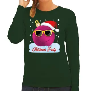 Bellatio Decorations Foute Kersttrui - Sweater - Groen - Chirstmas Party - Roze Coole Kerstbal - Voor Dames - Kerstkleding / Christmas Outfit 2XL