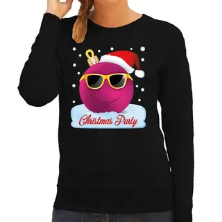 Bellatio Decorations Foute Kersttrui - Sweater - Zwart - Chirstmas Party - Roze Coole Kerstbal - Voor Dames - Kerstkleding / Christmas Outfit Xs