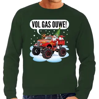 Bellatio Decorations Foute Kersttrui - Monstertruck Santa - Groen - Heren - Sweater - Kerstborrel Kantoor L