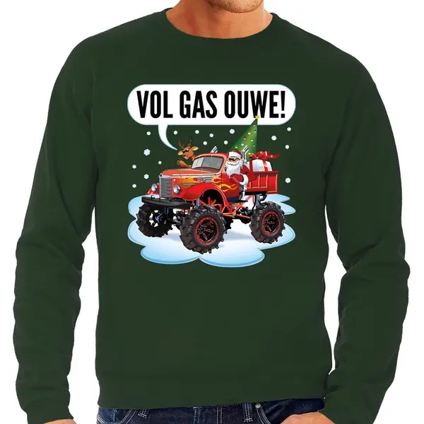 Bellatio Decorations Foute Kersttrui - Monstertruck Santa - Groen - Heren - Sweater - Kerstborrel Kantoor L thumbnail