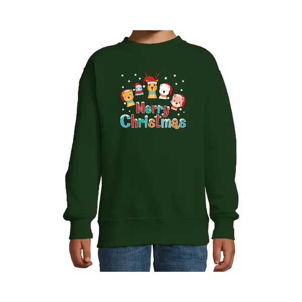 Bellatio Decorations Foute Kersttrui / Sweater Dierenvriendjes Merry Christmas Groen Voor Kinderen - Kerstkleding / Christmas Outfit 122/128 thumbnail