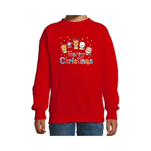 Bellatio Decorations Foute Kersttrui / Sweater Dierenvriendjes Merry Christmas Rood Voor Kinderen - Kerstkleding / Christmas Outfit 98/104 thumbnail