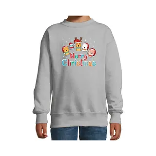 Bellatio Decorations Foute Kersttrui / Sweater Dierenvriendjes Merry Christmas Grijs Voor Kinderen - Kerstkleding / Christmas Outfit 170/176