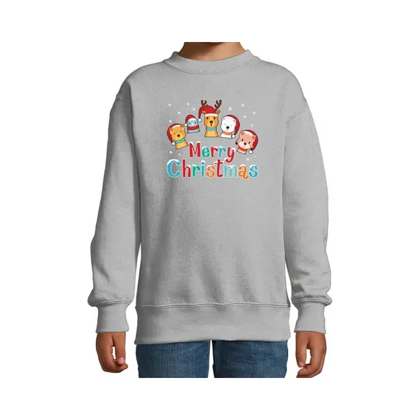 Bellatio Decorations Foute Kersttrui / Sweater Dierenvriendjes Merry Christmas Grijs Voor Kinderen - Kerstkleding / Christmas Outfit 170/176 thumbnail