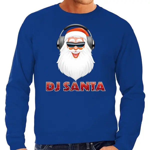 Bellatio Decorations Foute Kersttrui - Sweater - Dj Santa Met Koptelefoon - Techno / House / R & B - Disco - Blauw - Voor Heren - Kerstkleding M thumbnail