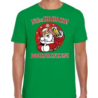 Bellatio Decorations Fout Kerst T-shirt - Bier Drinkende Santa Ho Ho - Groen - Voor Heren - Kersttruien - Kerstkleding / Kerst Outfit S