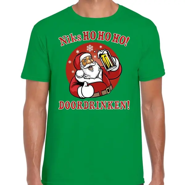 Bellatio Decorations Fout Kerst T-shirt - Bier Drinkende Santa Ho Ho - Groen - Voor Heren - Kersttruien - Kerstkleding / Kerst Outfit S thumbnail