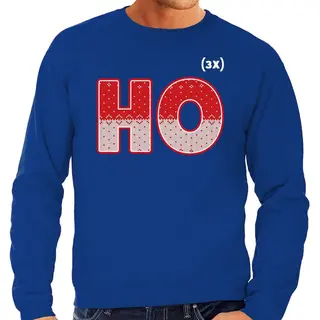 Bellatio Decorations Foute Kersttrui - Sweater - Ho Ho - Blauw - Voor Heren - Kerstkleding / Kerst Outfit M