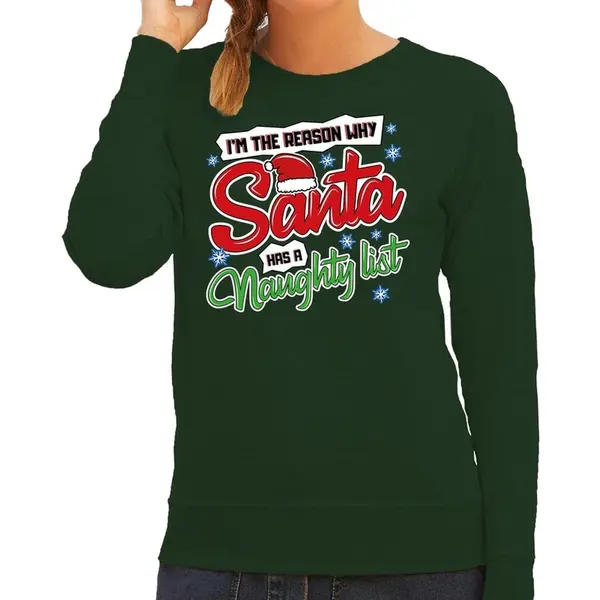 Bellatio Decorations Foute Kersttrui - Sweater - Im The Reason Why Santa Has A Naughty List - Groen - Voor Dames - Kerstkleding M thumbnail