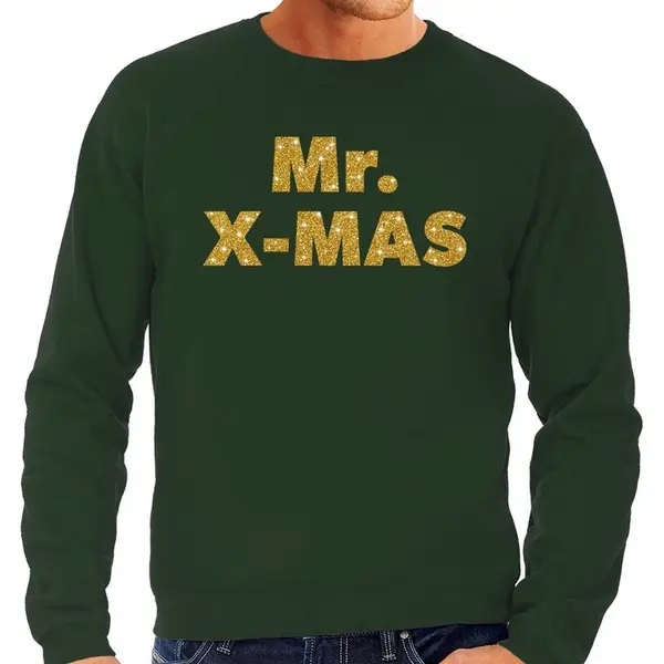 Bellatio Decorations Foute Kersttrui Sweater - Mr. X-mas - Gouden Glitter Letters - Groen - Voor Heren - Kerstkleding S thumbnail