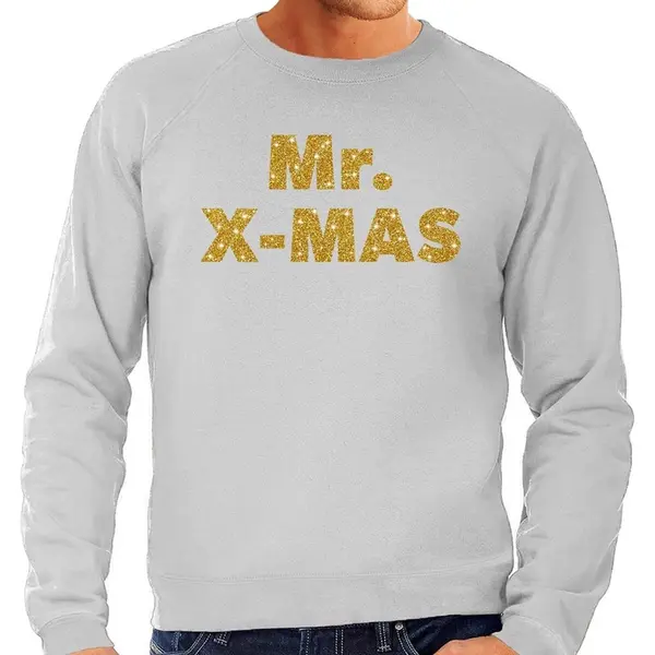 Bellatio Decorations Foute Kersttrui Sweater - Mr. X-mas - Gouden Glitter Letters - Grijs - Voor Heren - Kerstkleding Xl thumbnail