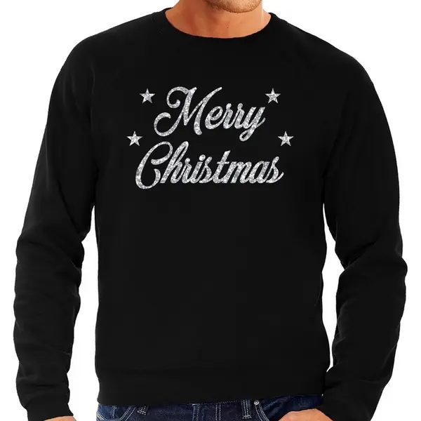 Bellatio Decorations Kersttrui Voor Heren - Sweater - Merry Christmas - Zwart - Met Zilveren Glitter Letters - Kerstdiner Kleding S thumbnail