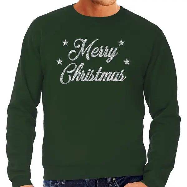 Bellatio Decorations Kersttrui Voor Heren - Sweater - Merry Christmas - Groen - Met Zilveren Glitter Letters - Kerstdiner Kleding Xl thumbnail