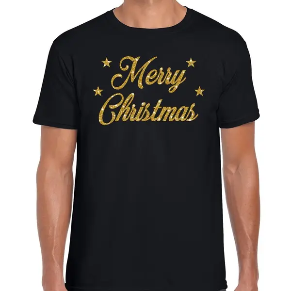 Bellatio Decorations Foute Kersttrui T-shirt - Merry Christmas - Zwart - Met Gouden Glitter Letters - Heren - Kerstkleding / Kerst Outfit M thumbnail