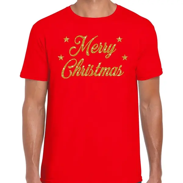 Bellatio Decorations Foute Kersttrui T-shirt - Merry Christmas - Rood - Met Gouden Glitter Letters - Heren - Kerstkleding / Kerst Outfit L thumbnail