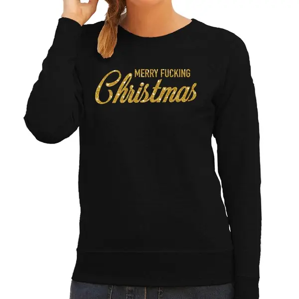 Bellatio Decorations Foute Kersttrui / Sweater - Merry Fucking Christmas - Goud / Glitter - Zwart - Dames - Kerstkleding / Kerst Outfit S thumbnail