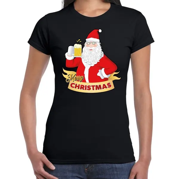 Bellatio Decorations Fout Kerstshirt / T-shirt Zwart Santa Met Pul Bier Voor Dames - Kerstkleding / Christmas Outfit Xxl thumbnail