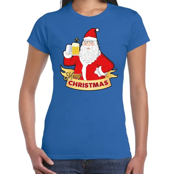 Bellatio Decorations Fout Kerstshirt / T-shirt Blauw Santa Met Pul Bier Voor Dames - Kerstkleding / Christmas Outfit S thumbnail