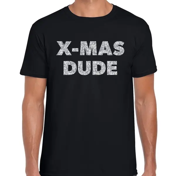 Bellatio Decorations Foute Kerst T-shirt - X-mas Dude - Zilveren Glitter Letters / Zwart Voor Heren - Kerstkleding / Christmas Outfit L thumbnail